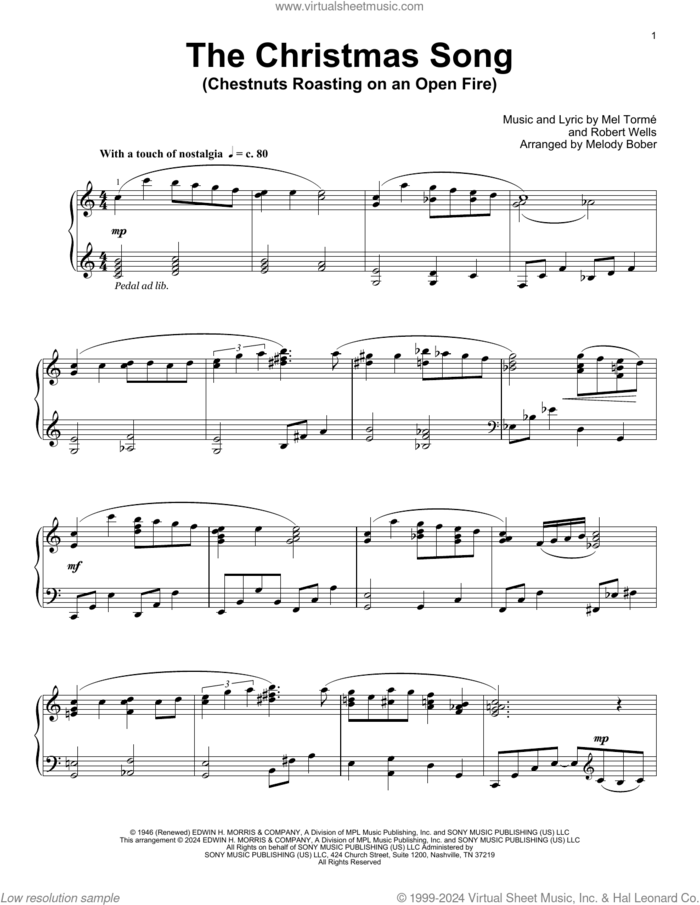 The Christmas Song (Chestnuts Roasting On An Open Fire) (arr. Melody Bober) sheet music for piano solo (elementary) by Mel Torme, Melody Bober and Robert Wells, beginner piano (elementary)