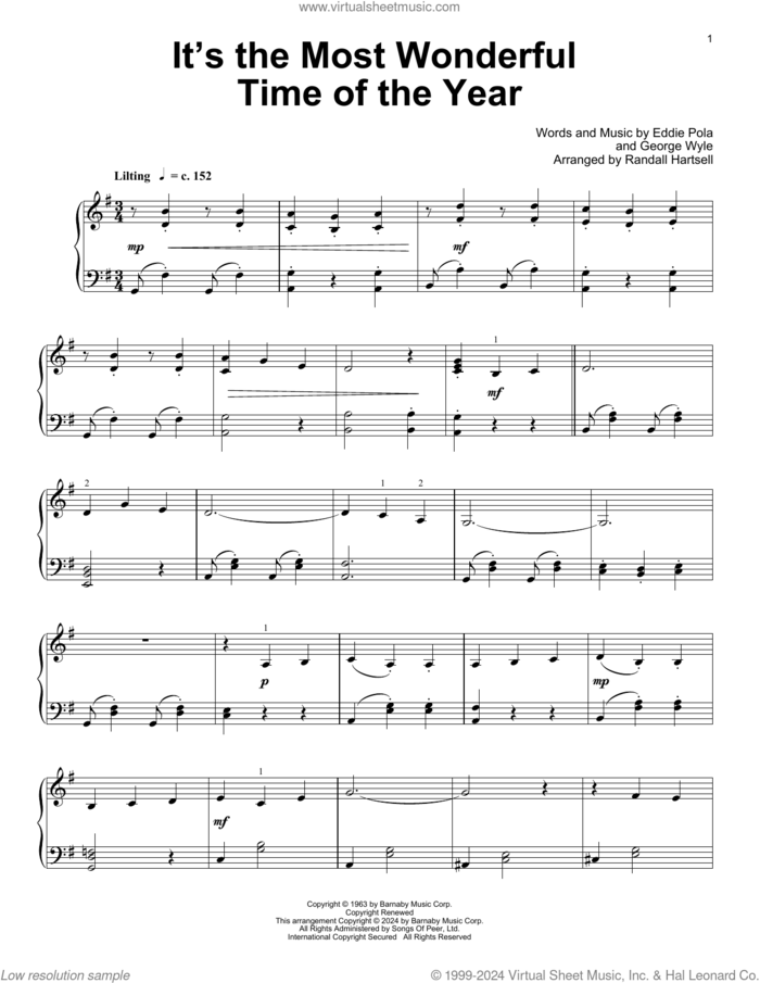 It's The Most Wonderful Time Of The Year (arr. Randall Hartsell) sheet music for piano solo (elementary) by Andy Williams, Randall Hartsell, Eddie Pola and George Wyle, beginner piano (elementary)