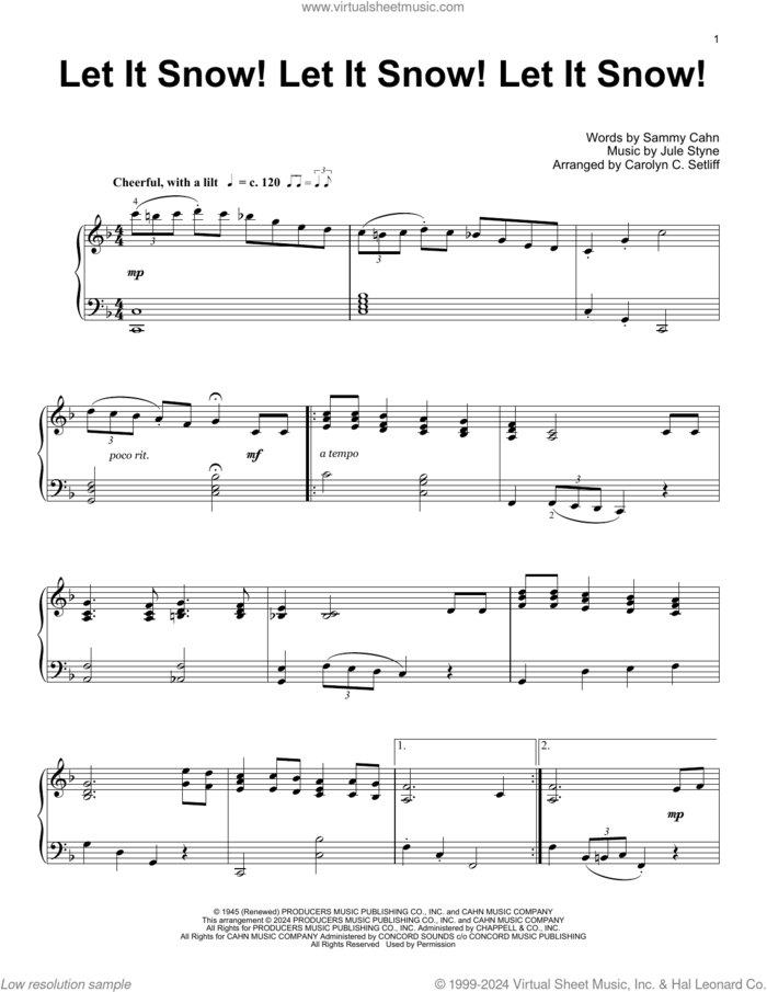 Let It Snow! Let It Snow! Let It Snow! (arr. Carolyn C. Setliff) sheet music for piano solo (elementary) by Sammy Cahn, Carolyn C. Setliff, Dean Martin, Frank Sinatra and Jule Styne, beginner piano (elementary)