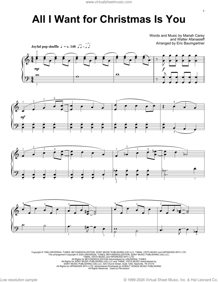 All I Want For Christmas Is You (arr. Eric Baumgartner) sheet music for piano solo (elementary) by Mariah Carey, Eric Baumgartner and Walter Afanasieff, beginner piano (elementary)