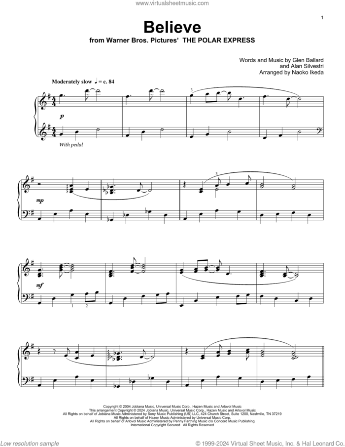 Believe (from The Polar Express) (arr. Naoko Ikeda) sheet music for piano solo (elementary) by Josh Groban, Naoko Ikeda, Alan Silvestri and Glen Ballard, beginner piano (elementary)