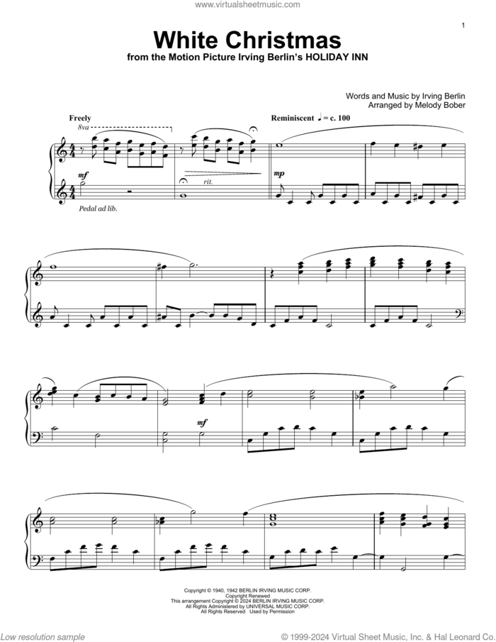 White Christmas (arr. Melody Bober) sheet music for piano solo (elementary) by Irving Berlin, Melody Bober and Bing Crosby, beginner piano (elementary)