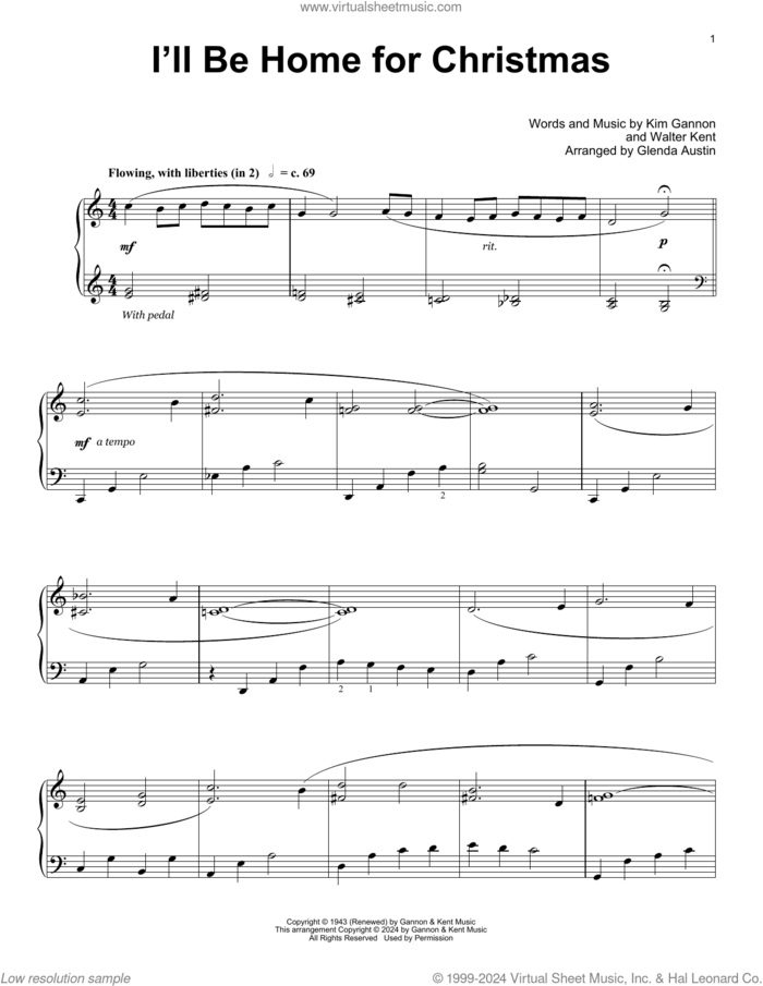 I'll Be Home For Christmas (arr. Glenda Austin) sheet music for piano solo (elementary) by Kim Gannon & Walter Kent, Glenda Austin, Kim Gannon and Walter Kent, beginner piano (elementary)