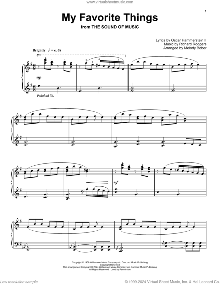 My Favorite Things (arr. Melody Bober) sheet music for piano solo (elementary) by Rodgers & Hammerstein, Melody Bober, Oscar II Hammerstein and Richard Rodgers, beginner piano (elementary)