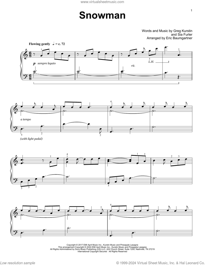 Snowman (arr. Eric Baumgartner) sheet music for piano solo (elementary) by Sia, Eric Baumgartner, Greg Kurstin and Sia Furler, beginner piano (elementary)