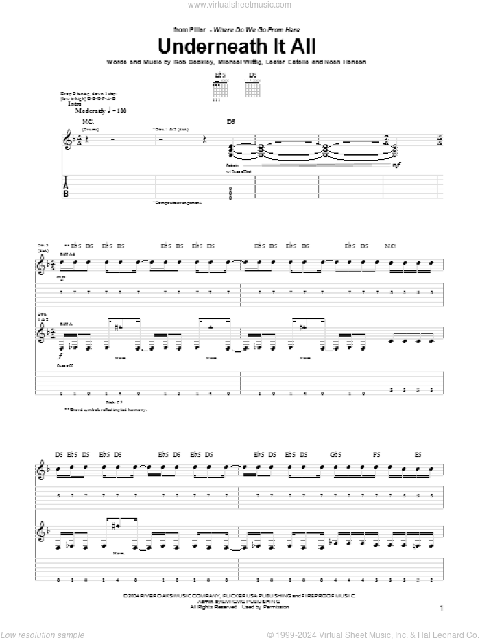Underneath It All sheet music for guitar (tablature) by Pillar, Lester Estelle, Michael Wittig, Noah Henson and Rob Beckley, intermediate skill level