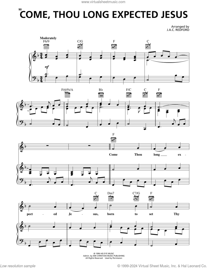 Come, Thou Long Expected Jesus sheet music for voice, piano or guitar by Steve Green and J.A.C. Redford (arr.), intermediate skill level