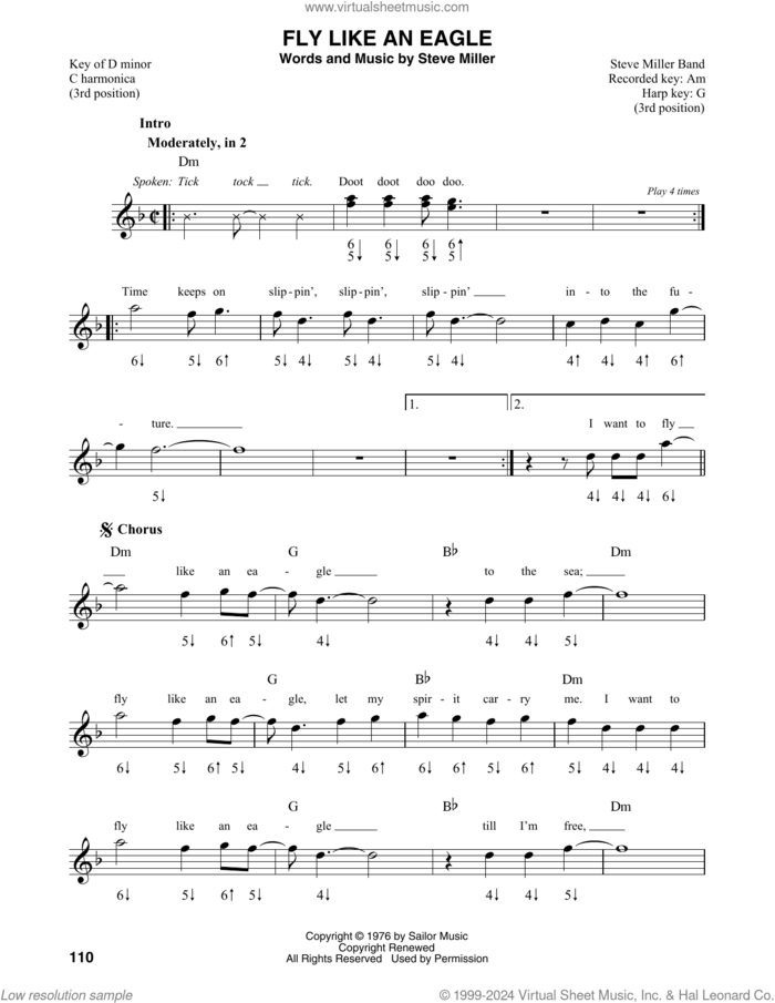 Fly Like An Eagle sheet music for harmonica solo by Steve Miller Band and Steve Miller, intermediate skill level