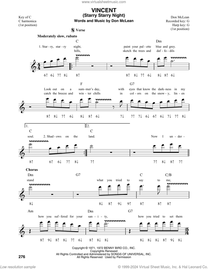 Vincent (Starry Starry Night) sheet music for harmonica solo by Don McLean, intermediate skill level