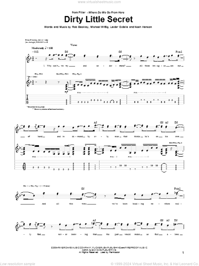 Dirty Little Secret sheet music for guitar (tablature) by Pillar, Lester Estelle, Michael Wittig, Noah Henson and Rob Beckley, intermediate skill level