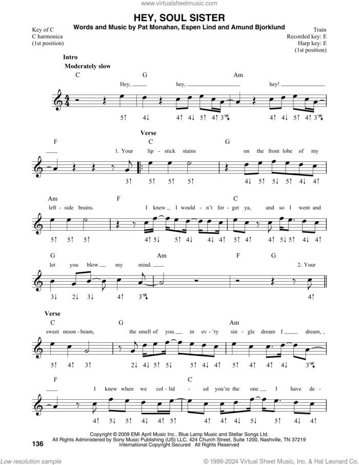 Hey, Soul Sister sheet music for harmonica solo by Train, Amund Bjorklund, Espen Lind and Pat Monahan, intermediate skill level