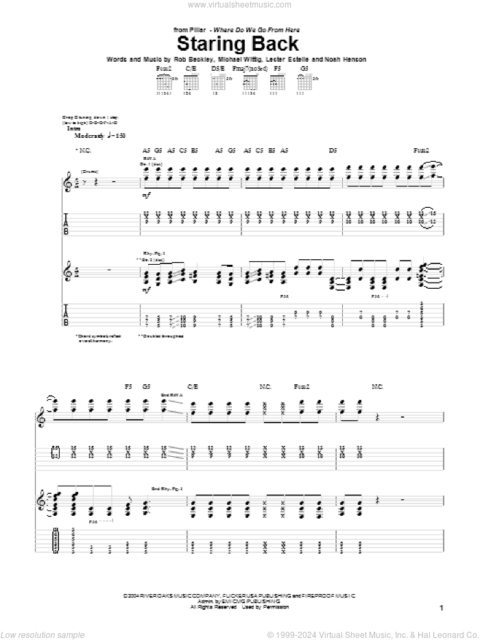 Staring Back sheet music for guitar (tablature) by Pillar, Lester Estelle, Michael Wittig, Noah Henson and Rob Beckley, intermediate skill level