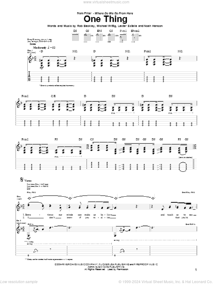 One Thing sheet music for guitar (tablature) by Pillar, Lester Estelle, Michael Wittig, Noah Henson and Rob Beckley, intermediate skill level