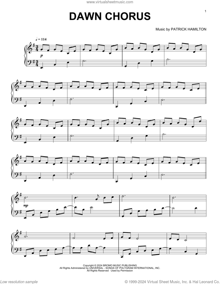 Dawn Chorus sheet music for piano solo by Patrick Hamilton, classical score, intermediate skill level