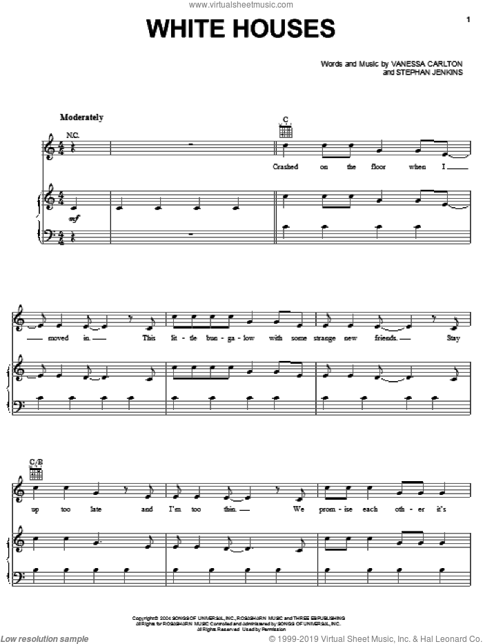 White Houses sheet music for voice, piano or guitar by Vanessa Carlton and Stephan Jenkins, intermediate skill level
