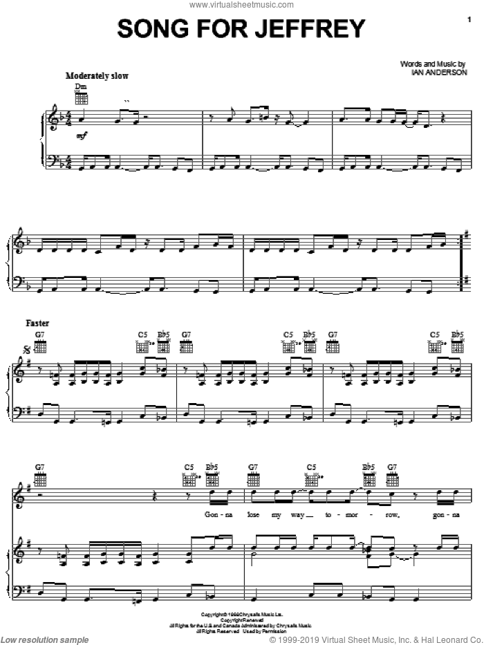 Song For Jeffrey sheet music for voice, piano or guitar by Jethro Tull and Ian Anderson, intermediate skill level