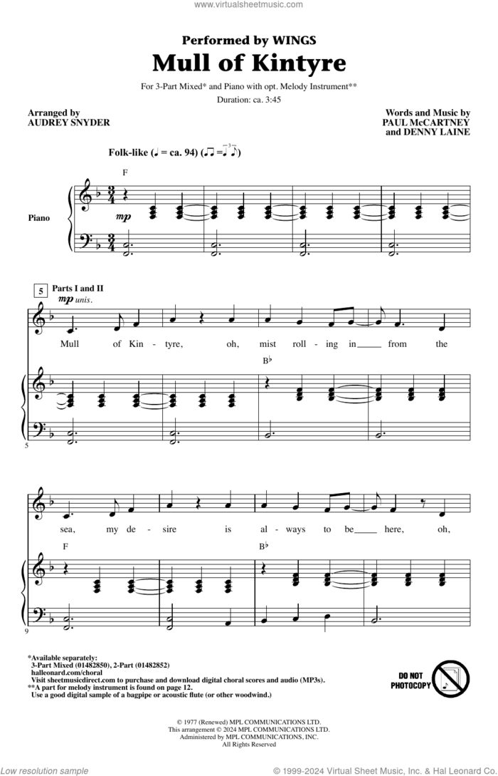 Mull Of Kintyre (arr. Audrey Snyder) sheet music for choir (3-Part Mixed) by Wings, Audrey Snyder, Denny Laine and Paul McCartney, intermediate skill level