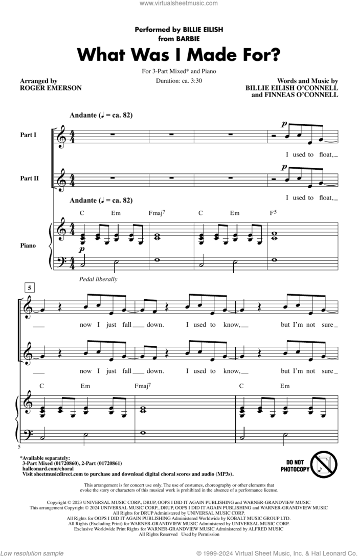 What Was I Made For? (arr. Roger Emerson) sheet music for choir (3-Part Mixed) by Billie Eilish and Roger Emerson, intermediate skill level