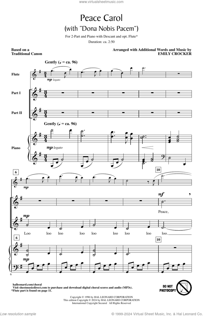 Peace Carol (With Dona Nobis Pacem) sheet music for choir (2-Part) by Emily Crocker and Traditional Canon, intermediate duet