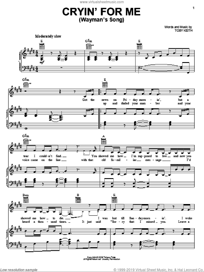 Cryin' For Me (Wayman's Song) sheet music for voice, piano or guitar by Toby Keith, intermediate skill level