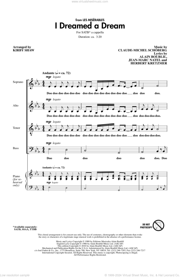 I Dreamed A Dream sheet music for choir (SATB: soprano, alto, tenor, bass) by Alain Boublil, Claude-Michel Schonberg, Herbert Kretzmer, Jean-Marc Natel and Kirby Shaw, intermediate skill level