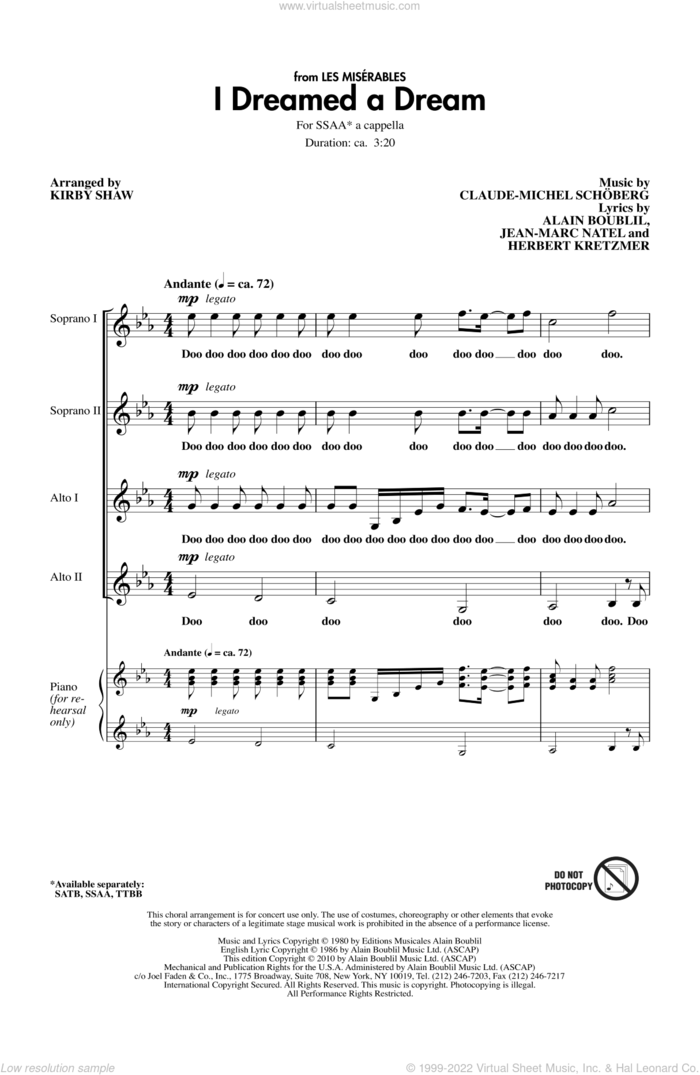 I Dreamed A Dream sheet music for choir (SSAA: soprano, alto) by Alain Boublil, Kirby Shaw, Claude-Michel Schonberg, Herbert Kretzmer and Jean-Marc Natel, intermediate skill level
