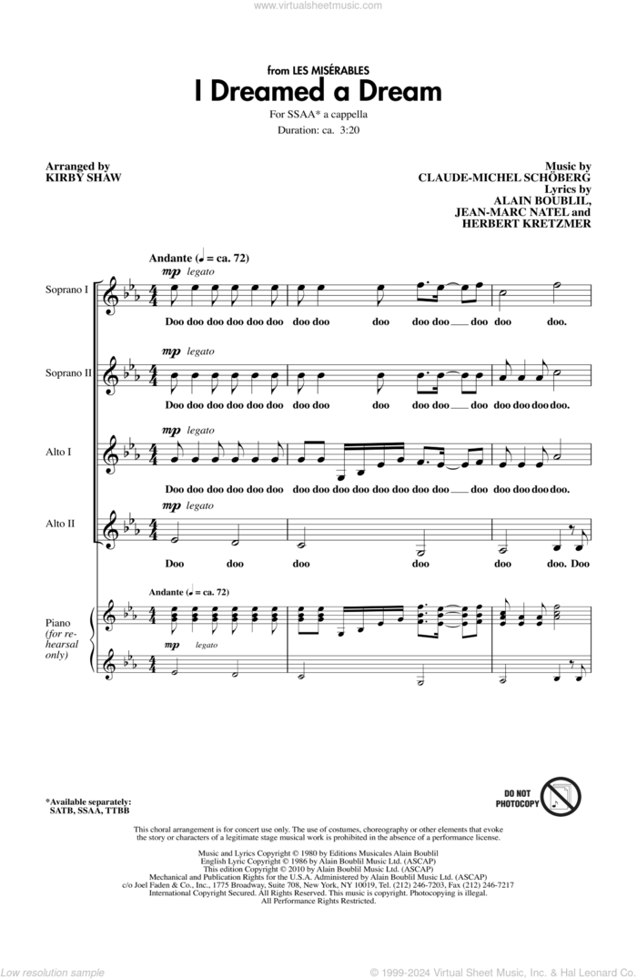 I Dreamed A Dream sheet music for choir (SSAA: soprano, alto) by Alain Boublil, Kirby Shaw, Claude-Michel Schonberg, Herbert Kretzmer and Jean-Marc Natel, intermediate skill level