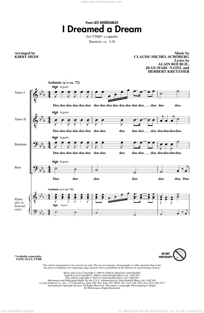 I Dreamed A Dream sheet music for choir (TTBB: tenor, bass) by Alain Boublil, Kirby Shaw, Claude-Michel Schonberg, Herbert Kretzmer and Jean-Marc Natel, intermediate skill level