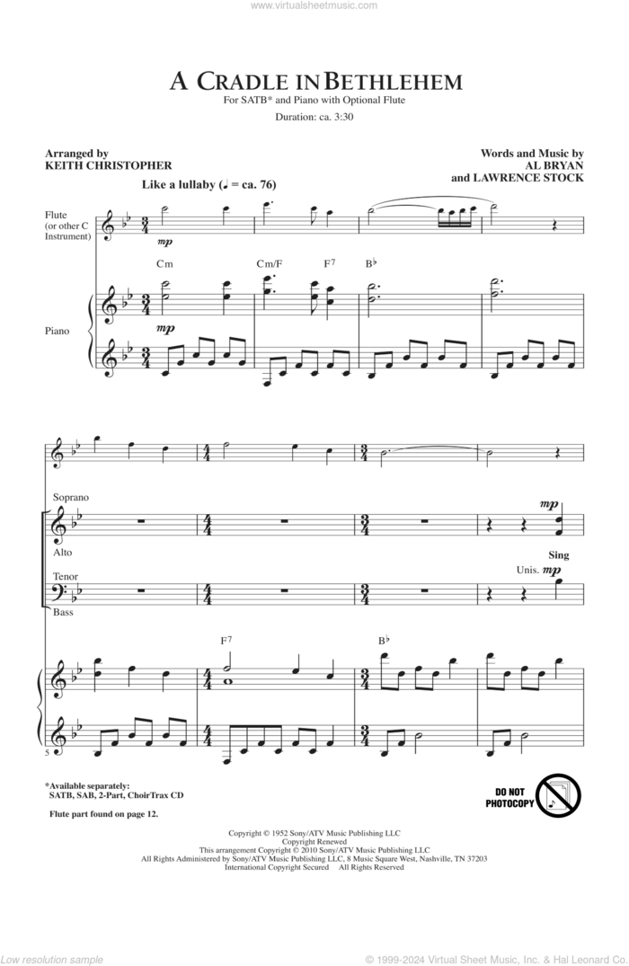 A Cradle In Bethlehem sheet music for choir (SATB: soprano, alto, tenor, bass) by Alfred Bryan, Lawrence Stock, Keith Christopher, Nat King Cole and Vince Gill, intermediate skill level