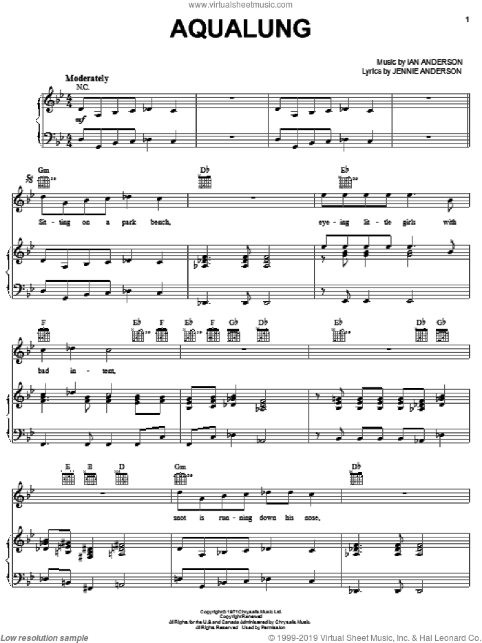 Aqualung sheet music for voice, piano or guitar by Jethro Tull, Ian Anderson and Jennie Anderson, intermediate skill level
