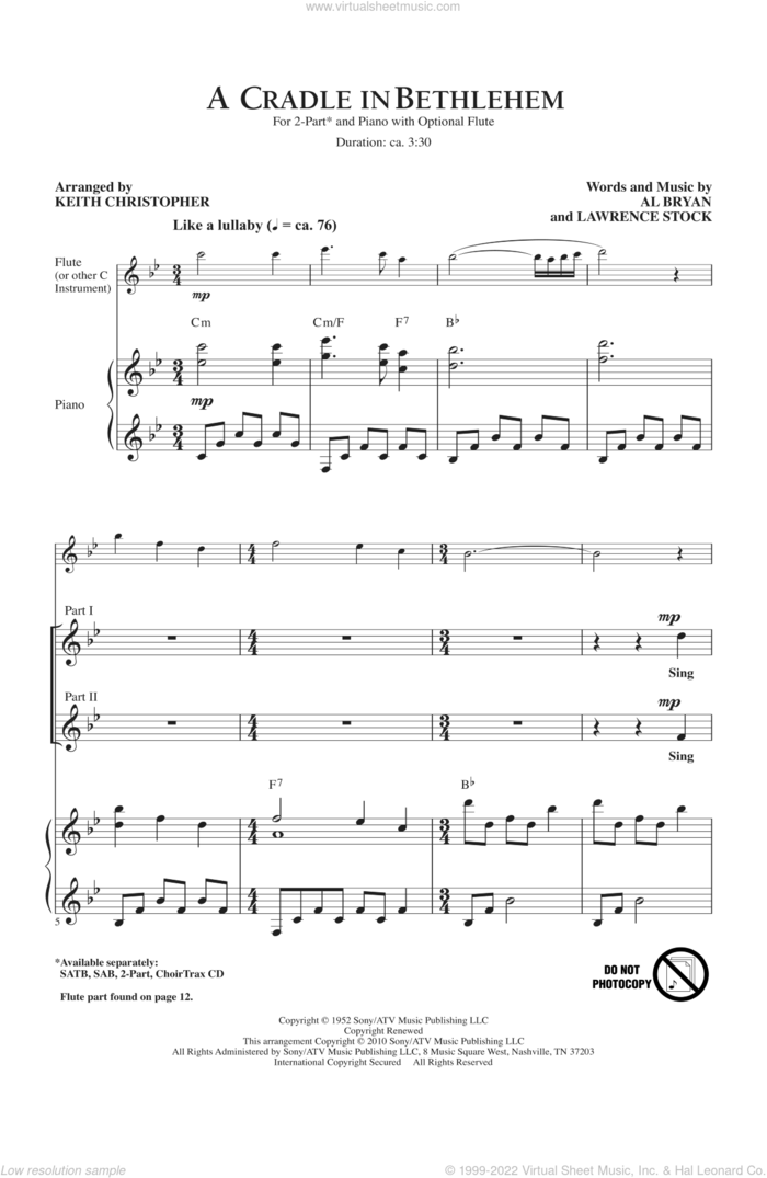 A Cradle In Bethlehem sheet music for choir (2-Part) by Alfred Bryan, Lawrence Stock, Keith Christopher, Nat King Cole and Vince Gill, intermediate duet