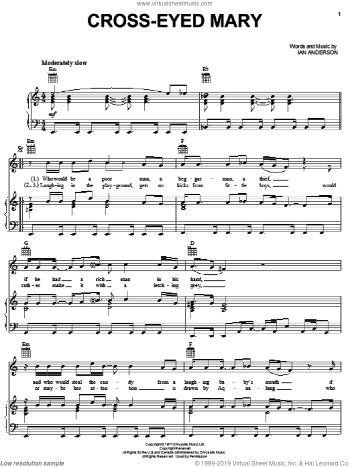 Cross-Eyed Mary sheet music for voice, piano or guitar by Jethro Tull and Ian Anderson, intermediate skill level