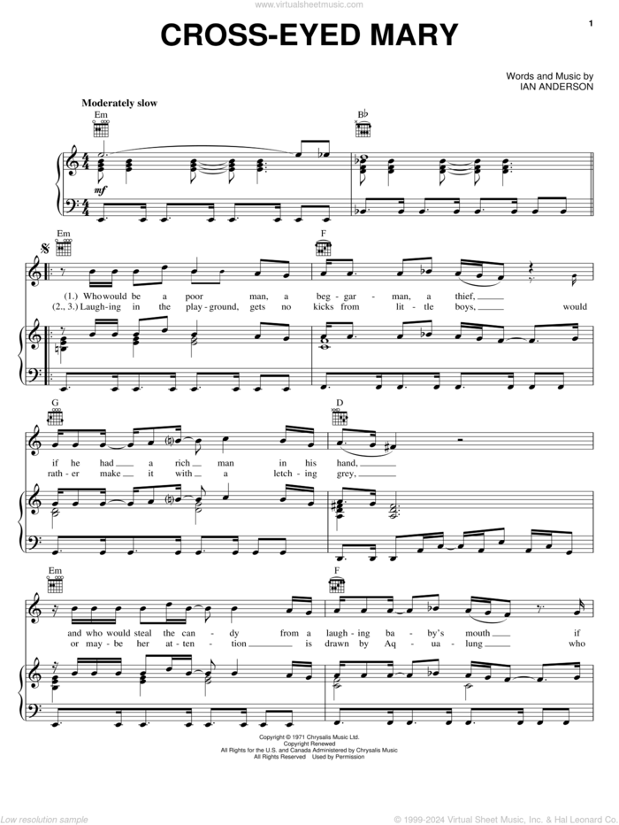 Cross-Eyed Mary sheet music for voice, piano or guitar by Jethro Tull and Ian Anderson, intermediate skill level