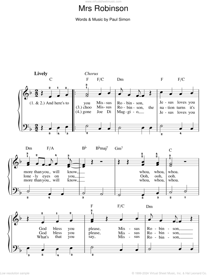 Mrs. Robinson sheet music for piano solo by Simon & Garfunkel and Paul Simon, easy skill level