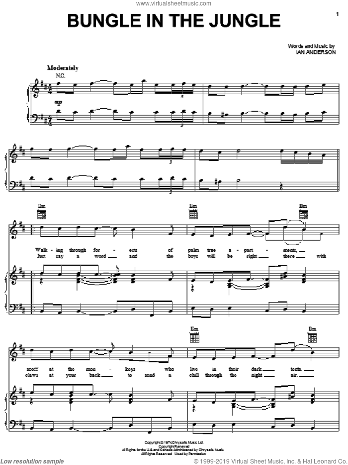 Bungle In The Jungle sheet music for voice, piano or guitar by Jethro Tull and Ian Anderson, intermediate skill level