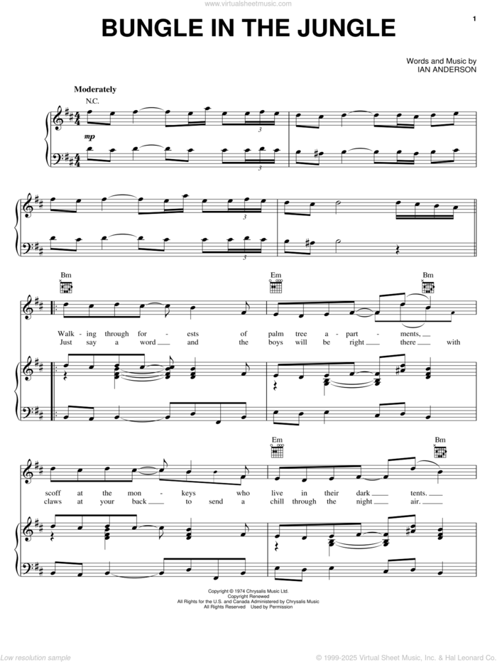 Bungle In The Jungle sheet music for voice, piano or guitar by Jethro Tull and Ian Anderson, intermediate skill level