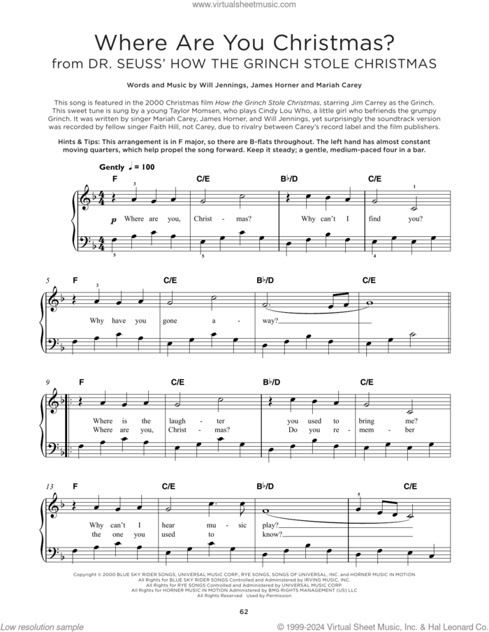 Where Are You Christmas? (from How The Grinch Stole Christmas) sheet music for piano solo by Faith Hill, James Horner, Mariah Carey and Will Jennings, beginner skill level