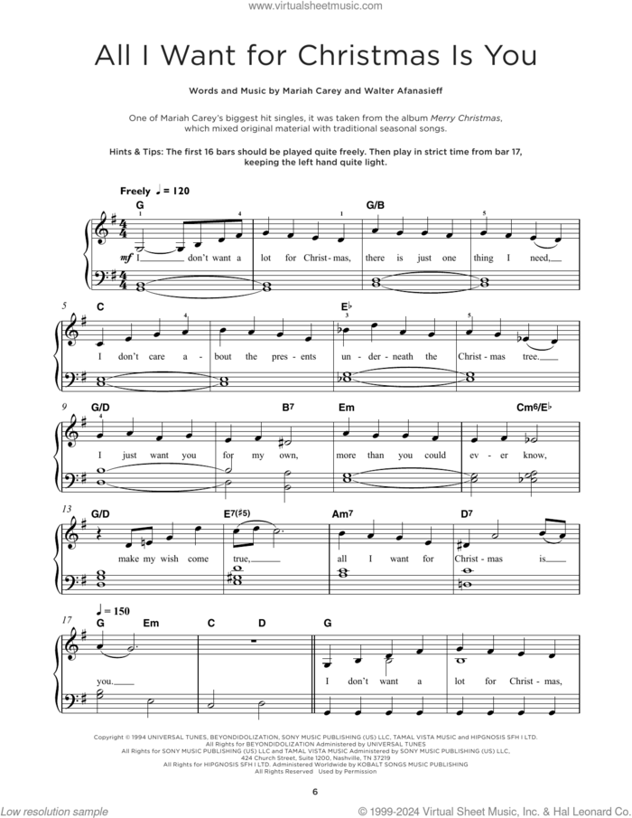 All I Want For Christmas Is You sheet music for piano solo by Mariah Carey and Walter Afanasieff, beginner skill level