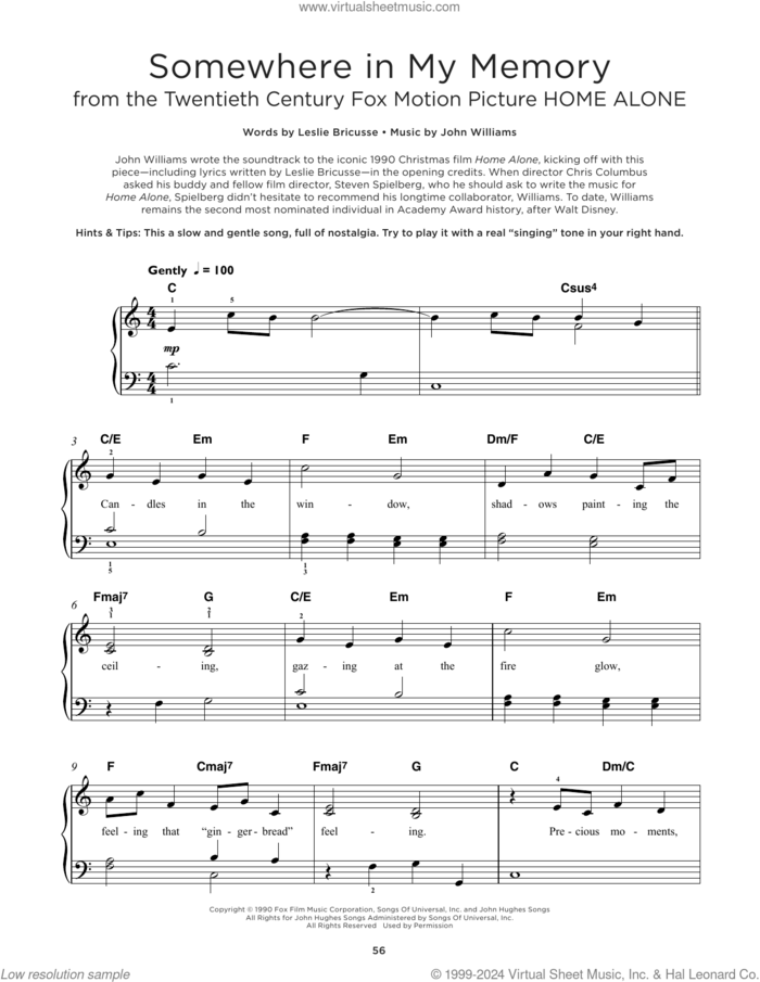 Somewhere In My Memory (from Home Alone), (beginner) (from Home Alone) sheet music for piano solo by John Williams and Leslie Bricusse, beginner skill level