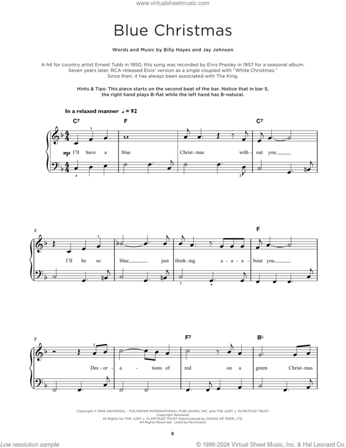 Blue Christmas sheet music for piano solo by Elvis Presley, Billy Hayes and Jay Johnson, beginner skill level