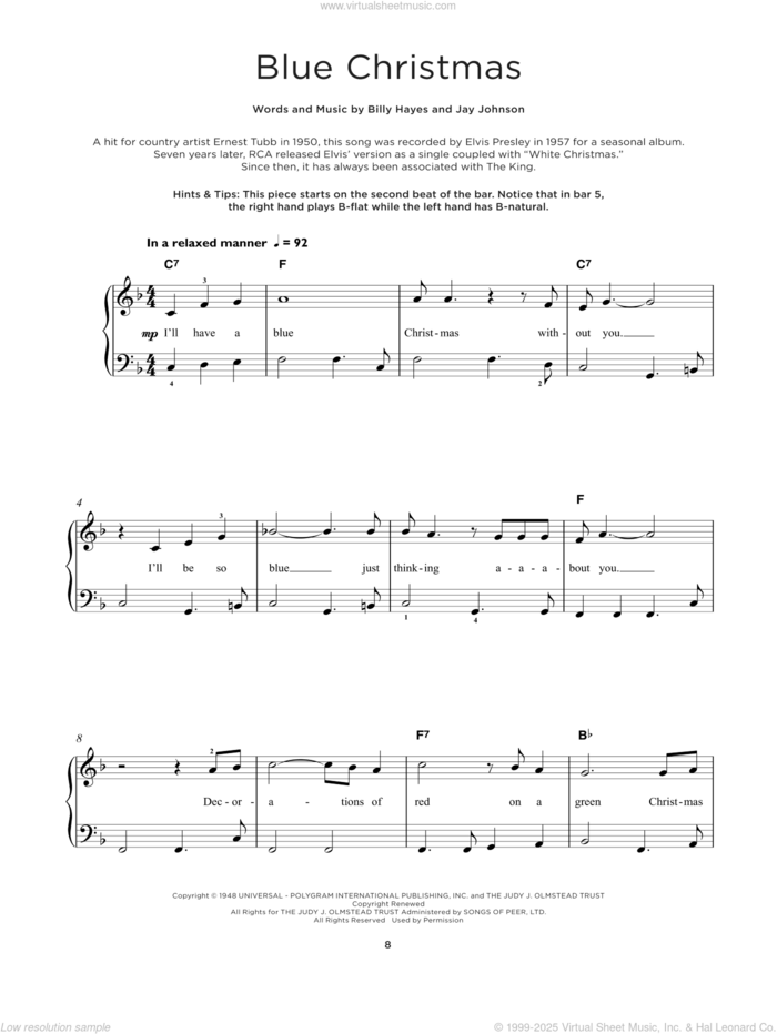 Blue Christmas sheet music for piano solo by Elvis Presley, Billy Hayes and Jay Johnson, beginner skill level