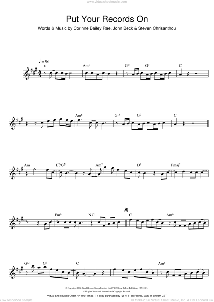 Put Your Records On sheet music for voice and other instruments (fake book) by Corinne Bailey Rae, John Beck and Steven Chrisanthou, intermediate skill level