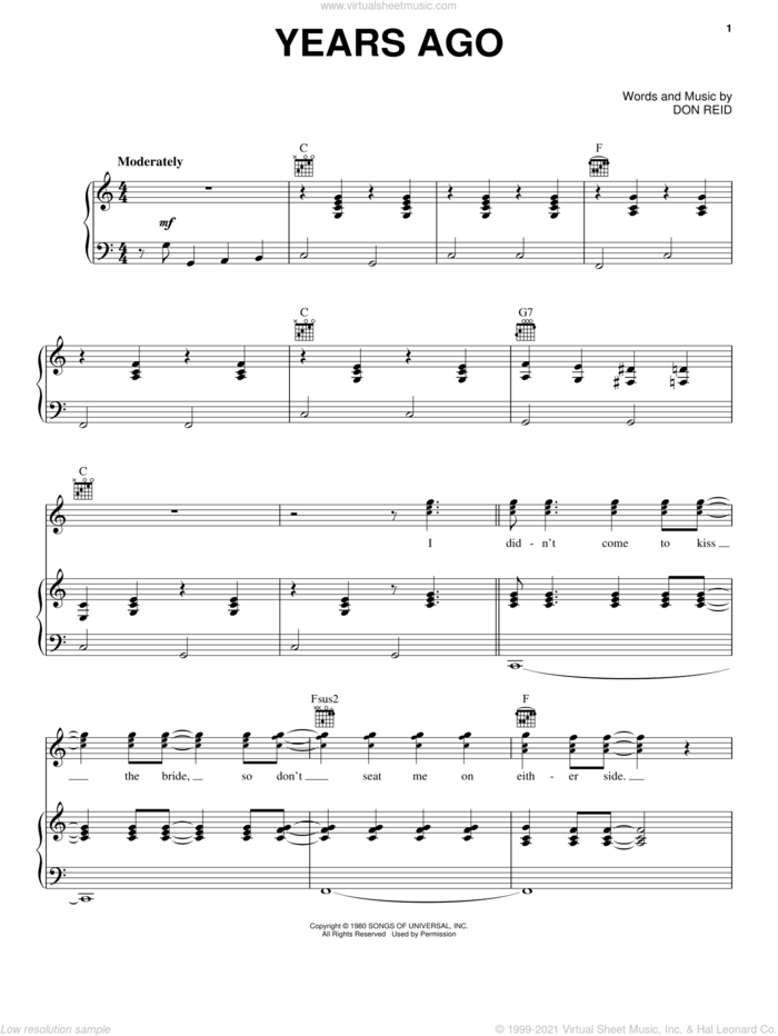 Years Ago sheet music for voice, piano or guitar by Dailey & Vincent, The Statler Brothers and Don Reid, intermediate skill level