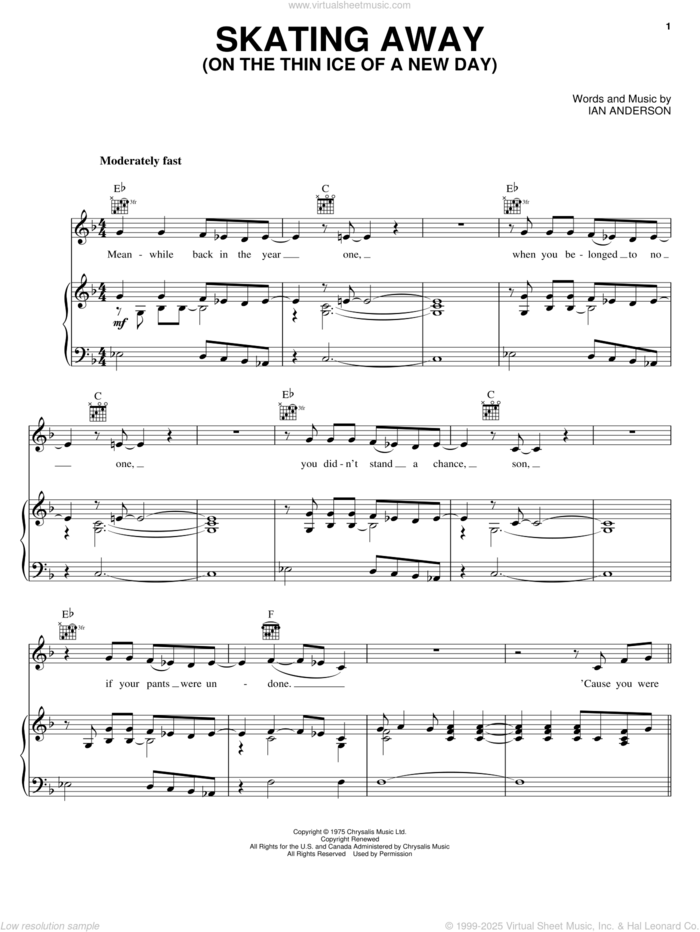 Skating Away (On The Thin Ice Of A New Day) sheet music for voice, piano or guitar by Jethro Tull and Ian Anderson, intermediate skill level