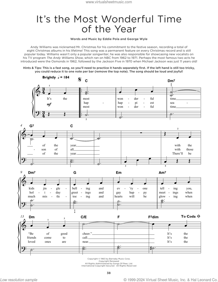 It's The Most Wonderful Time Of The Year sheet music for piano solo by George Wyle and Eddie Pola, beginner skill level