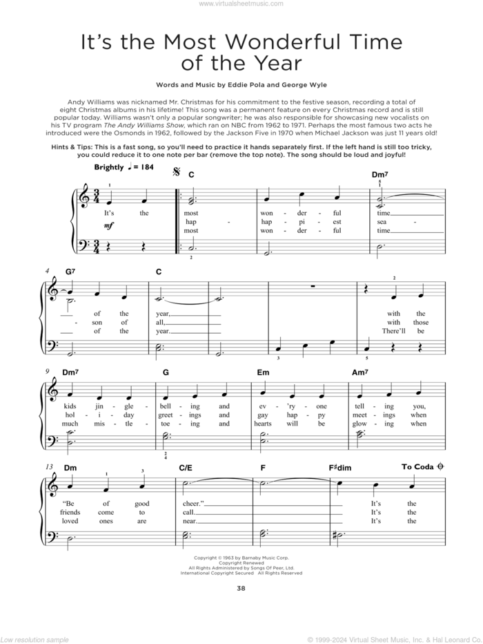 It's The Most Wonderful Time Of The Year sheet music for piano solo by George Wyle and Eddie Pola, beginner skill level