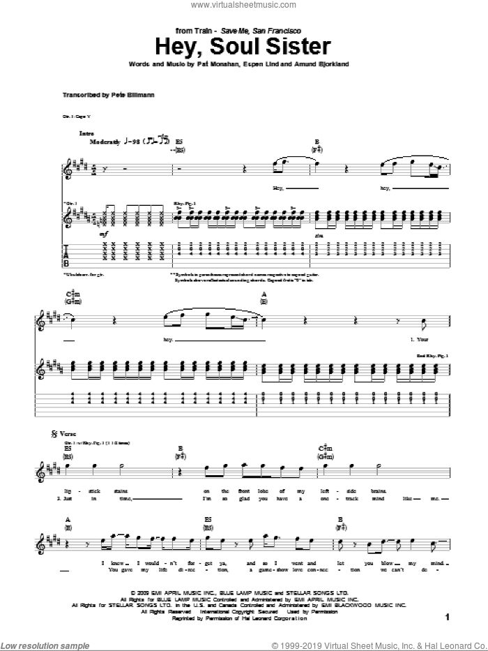 Hey, Soul Sister sheet music for guitar (tablature) by Train, Amund Bjorklund, Espen Lind and Pat Monahan, intermediate skill level