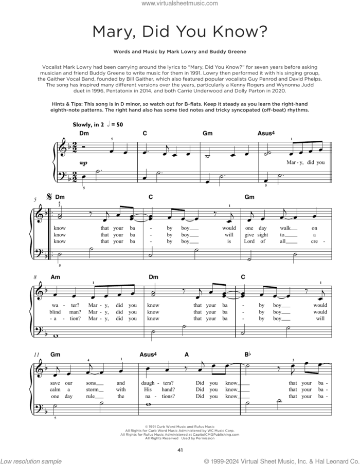 Mary, Did You Know? sheet music for piano solo by Buddy Greene and Mark Lowry, beginner skill level