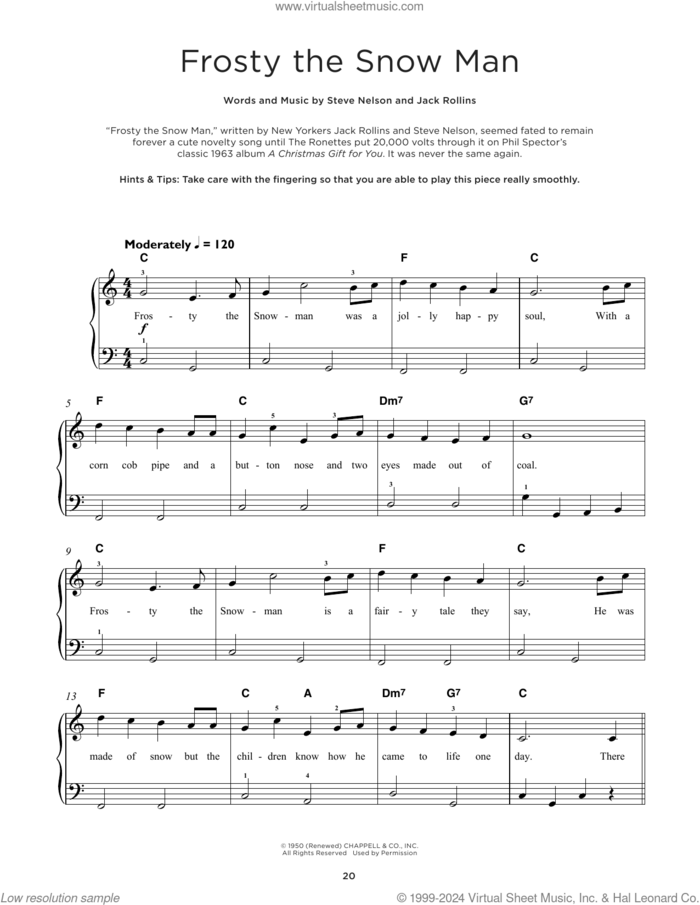 Frosty The Snow Man sheet music for piano solo by Steve Nelson and Jack Rollins, beginner skill level