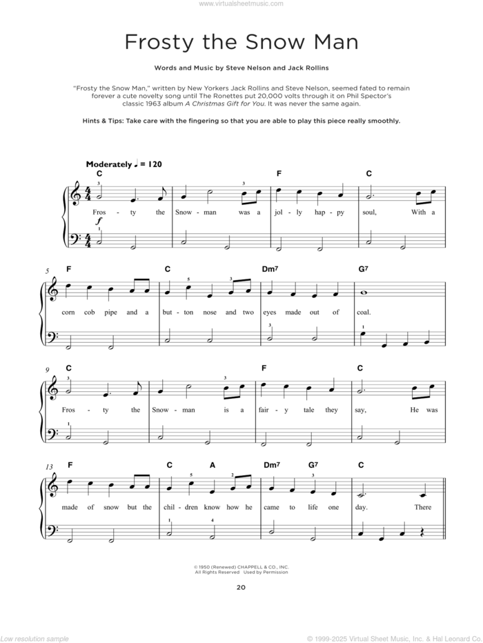 Frosty The Snow Man sheet music for piano solo by Steve Nelson and Jack Rollins, beginner skill level